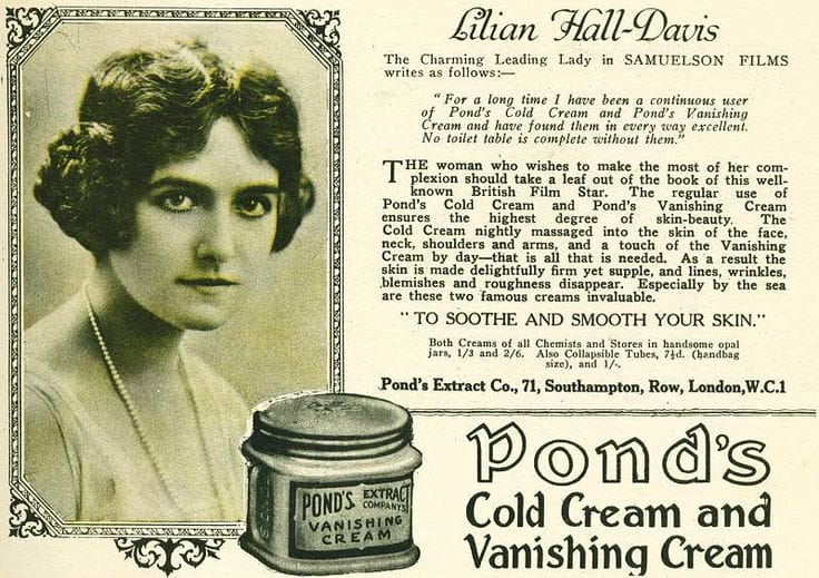 Cartel de la Cold cream Ponds con la actriz de cine mudo Lillian Hall-Davis (años 20)